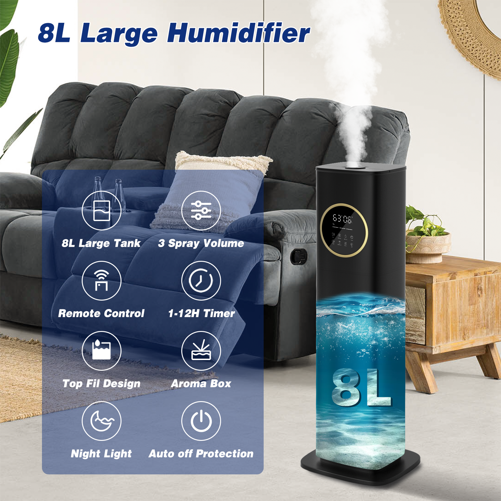 Humidifier Large Room Bedroom with Night Light, 2.1Gal(8L) Humidifiers for Home with Essential Oil Diffuser - Image 3