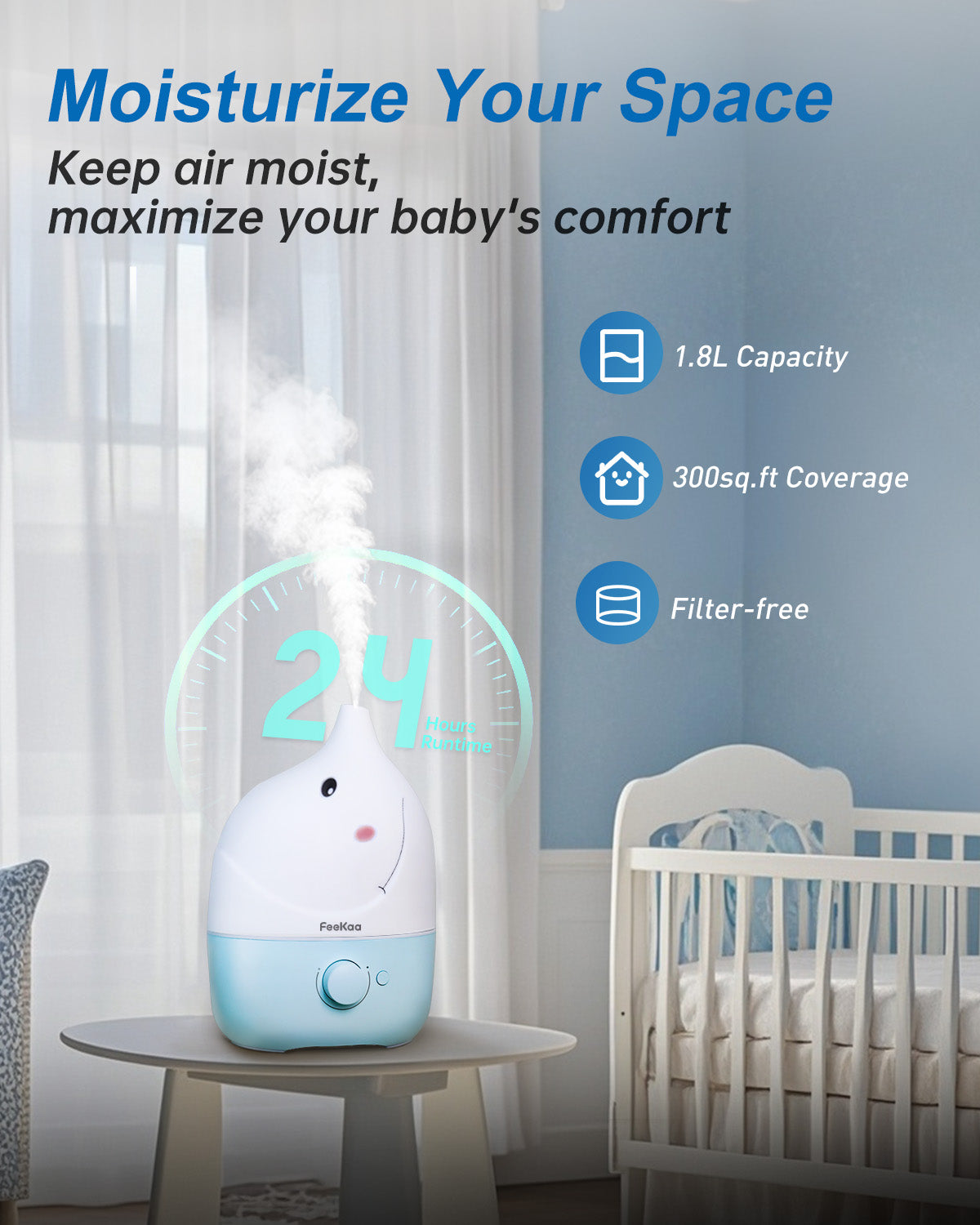 Humidifiers for Bedroom Baby 3 in 1 - Top Fill Baby Humidifier & Essential Oil Diffuser & Night Light, BPA-Free Cool Mist Air Humidifier with Cute Stickers for Kids Bedroom Nursery Plants Home - Image 2